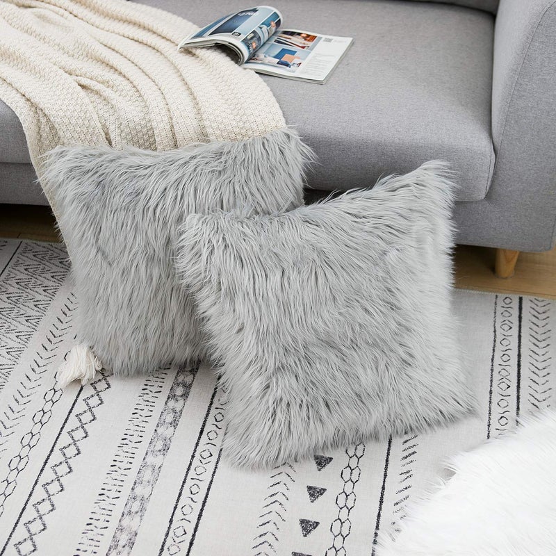 WLNUI Set of 2 Light Grey Decorative Fluffy Pillow Covers New Luxury Series Merino Style Faux Fur Throw Pillow Covers Square Fuzzy Cushion Case Spring Easter Home Decor 16x16 Inch - Image 3